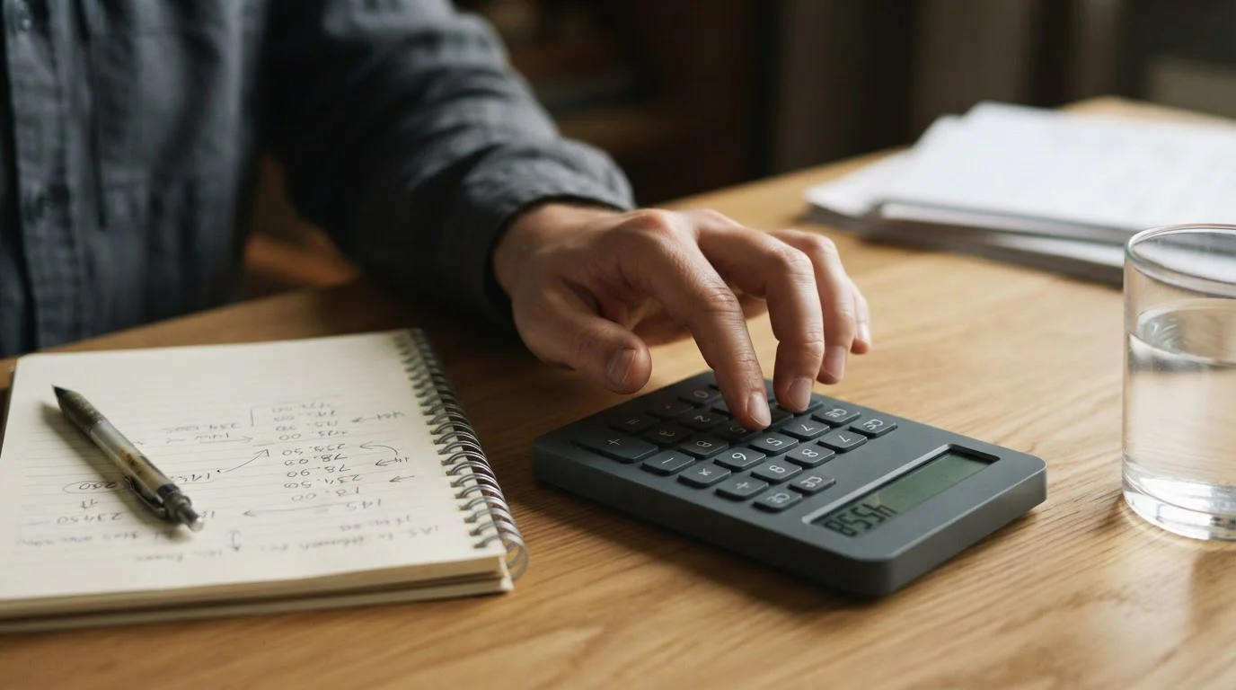 Hand die een simpele rekenmachine bedient naast een notitieblok met neutrale cijfers