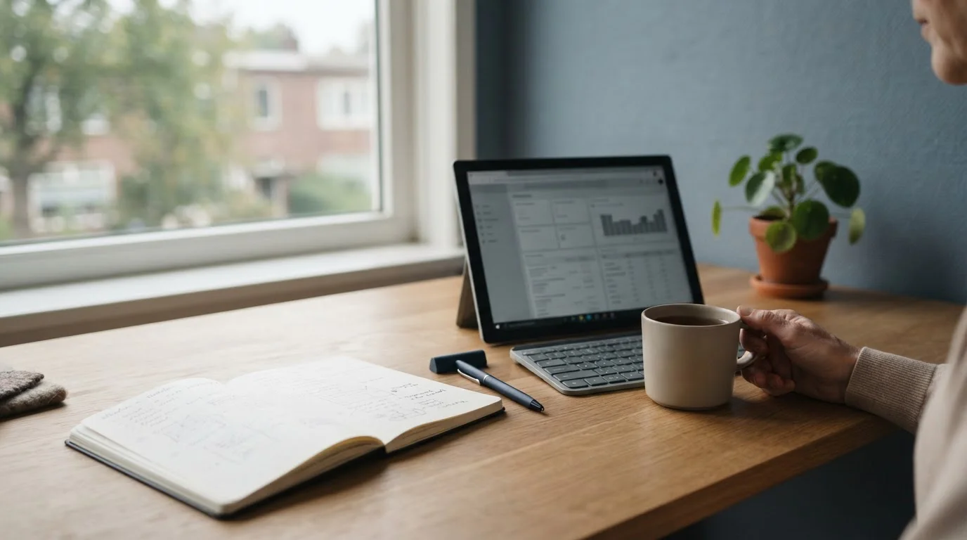 Bureau met notitieblok en laptop waarop bonusvoorwaarden voor sportweddenschappen worden geanalyseerd