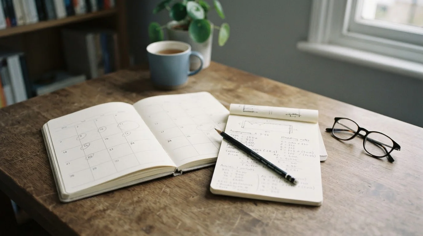 Overzicht van maandelijkse stortingsgrenzen genoteerd naast een agenda en een pen
