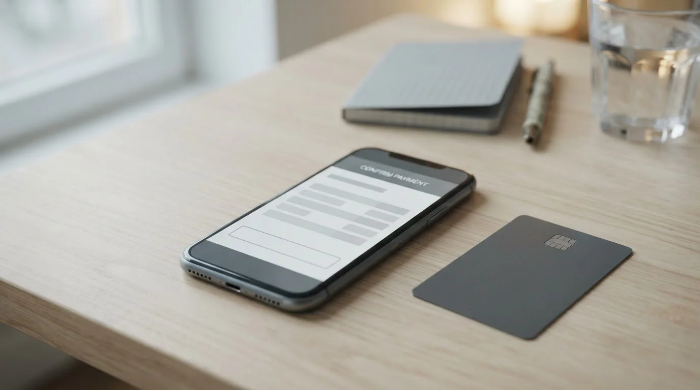 Telefoon met een neutraal betaalscherm naast een pinpas op een tafel