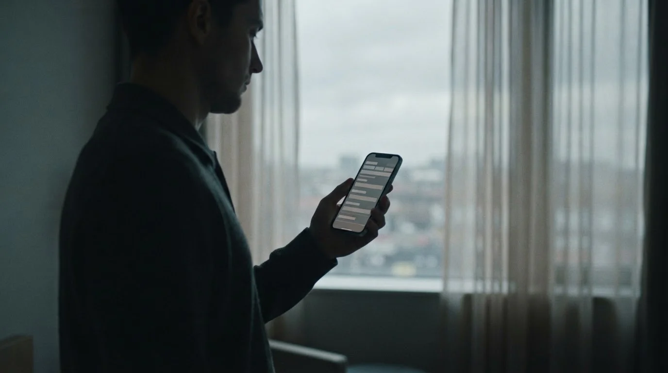 Silhouet van een persoon bij een raam met een telefoon met leeg foutscherm