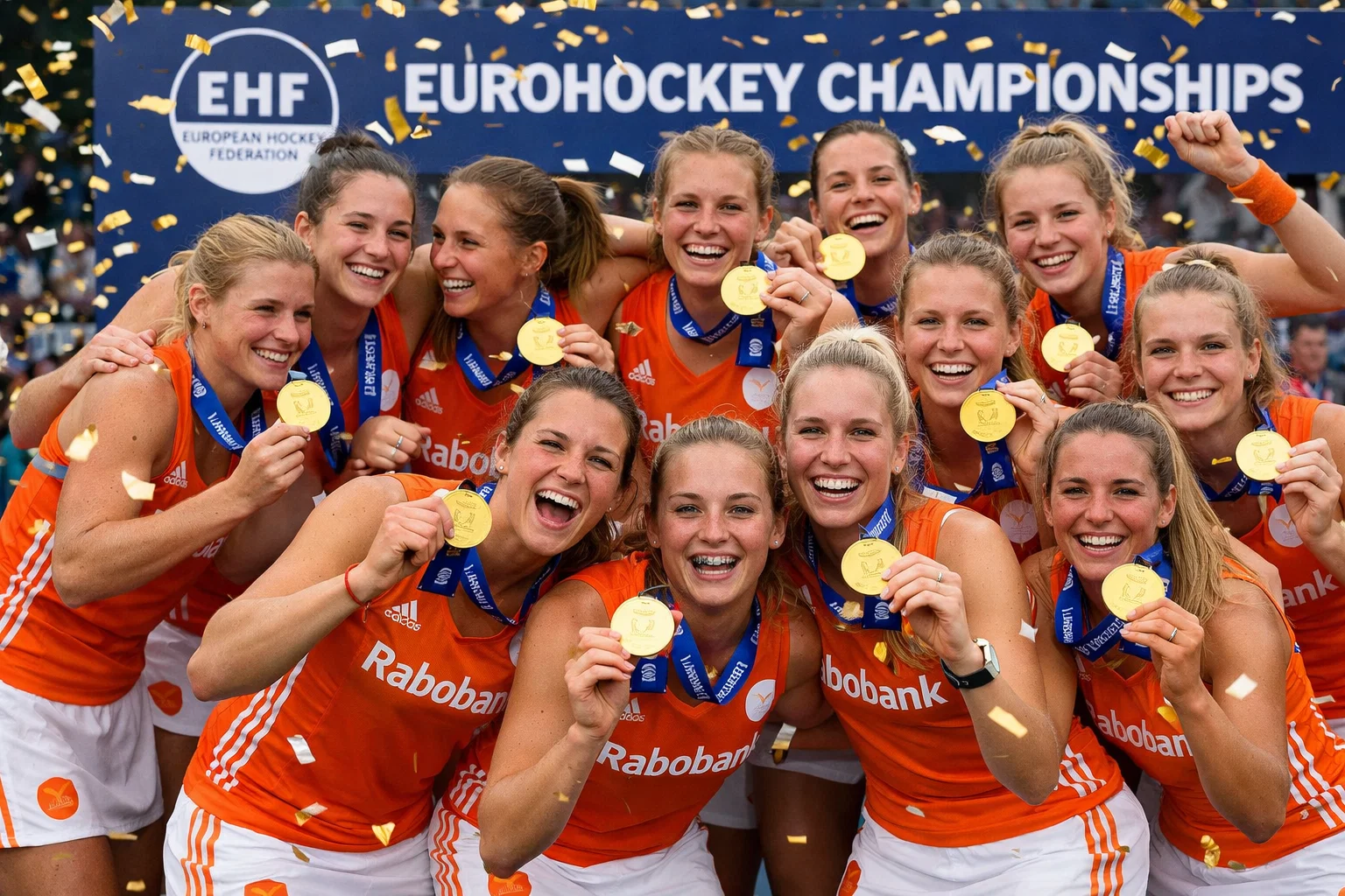 Nederlandse hockeyspelers met EK-medailles na de prijsuitreiking