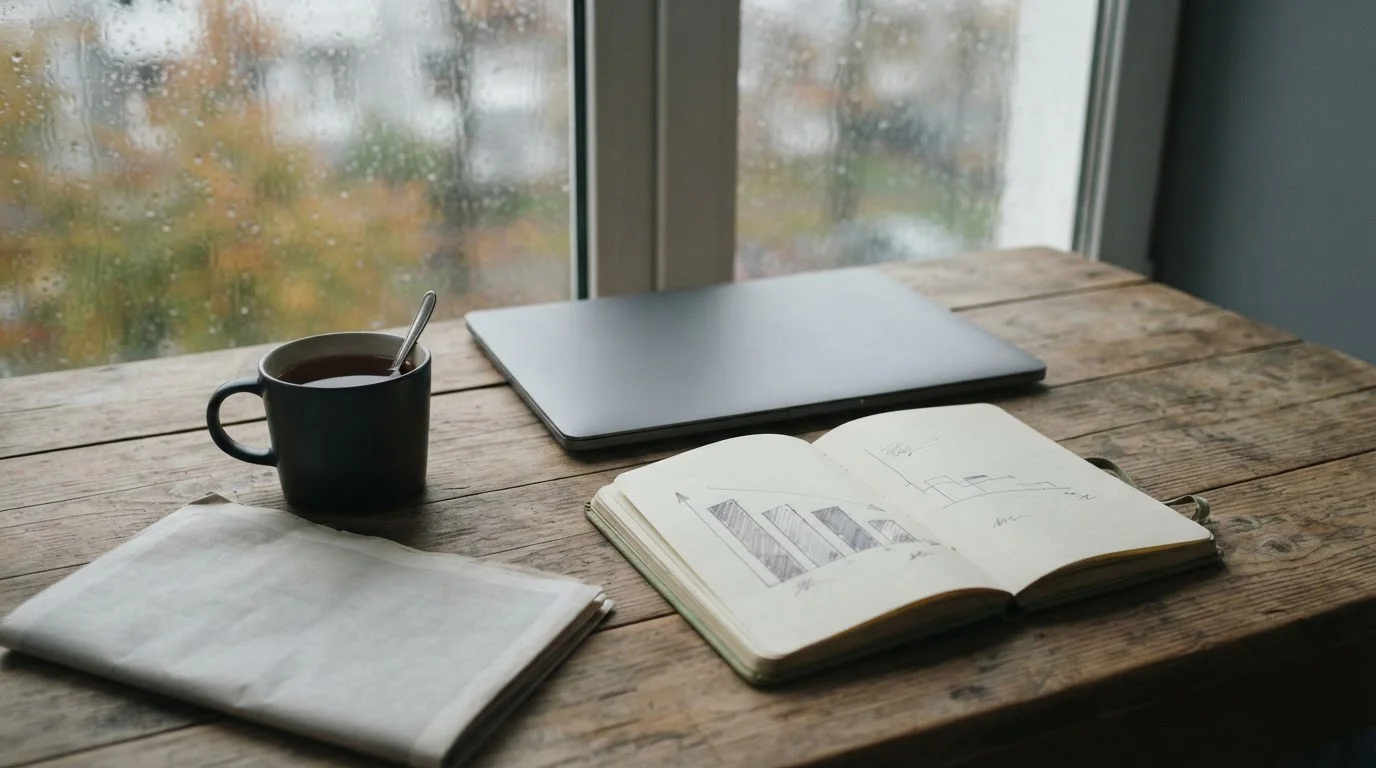 Stille werkplek bij een raam met notitieblok en gesloten laptop