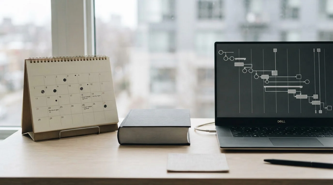 Kalender met gemarkeerde data naast een wetboek en een laptop met een neutrale tijdlijn