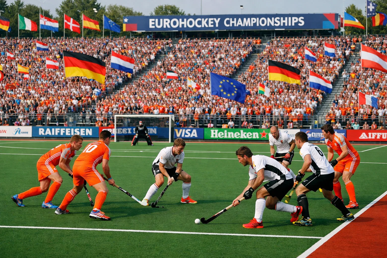EK Hockey wedstrijd met Europese landenteams in een vol stadion