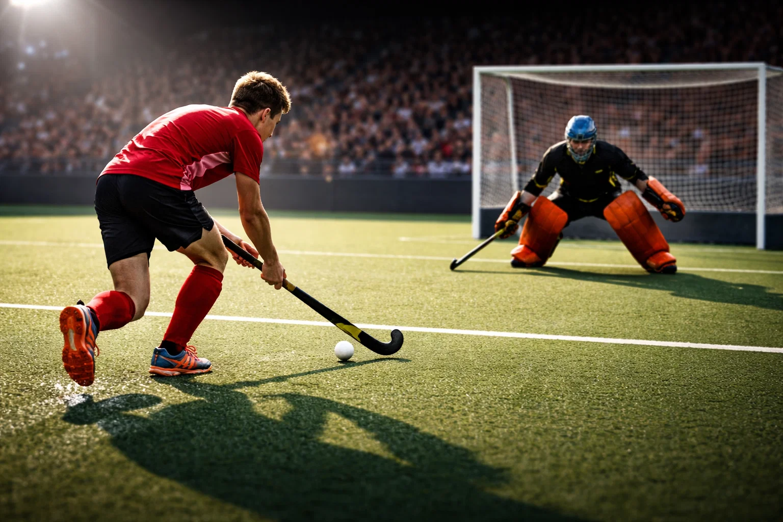 Hockeyspeler rent met de bal op de keeper af tijdens een shoot-out