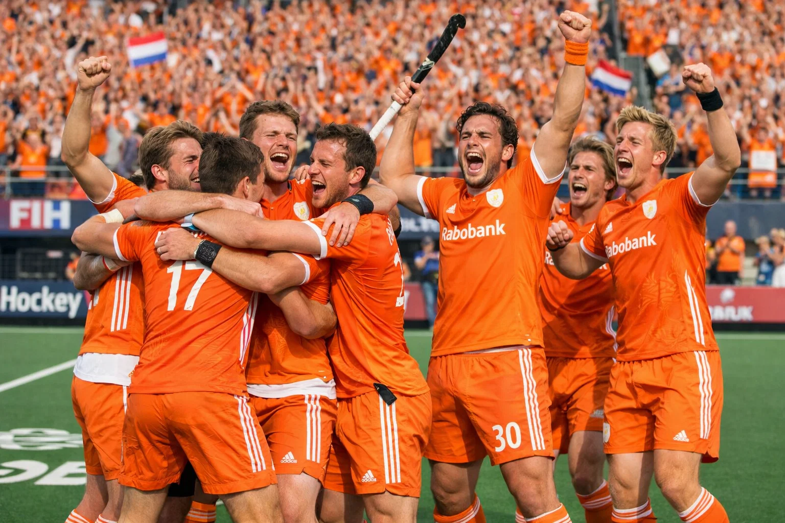 Nederlands hockeyteam in oranje shirts viert een overwinning