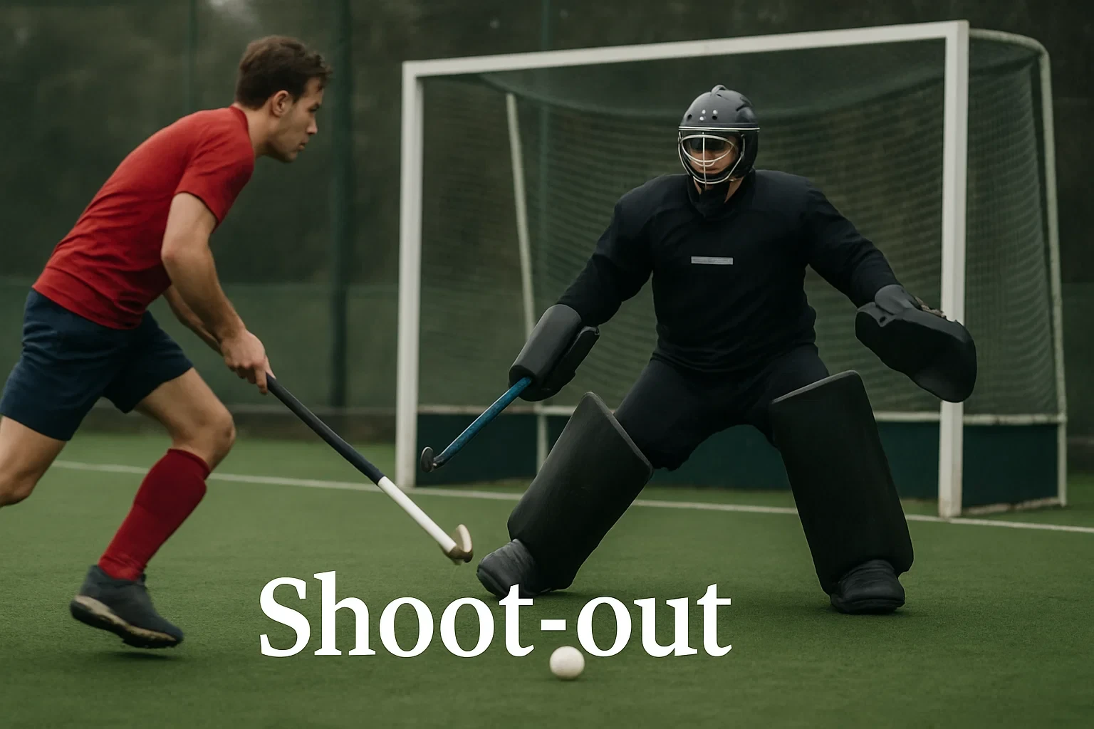 Hockeyspeler tijdens shoot-out één tegen één met de keeper