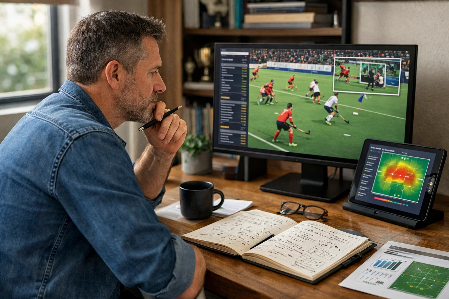 Expert die hockeywedstrijden bestudeert en analyseert