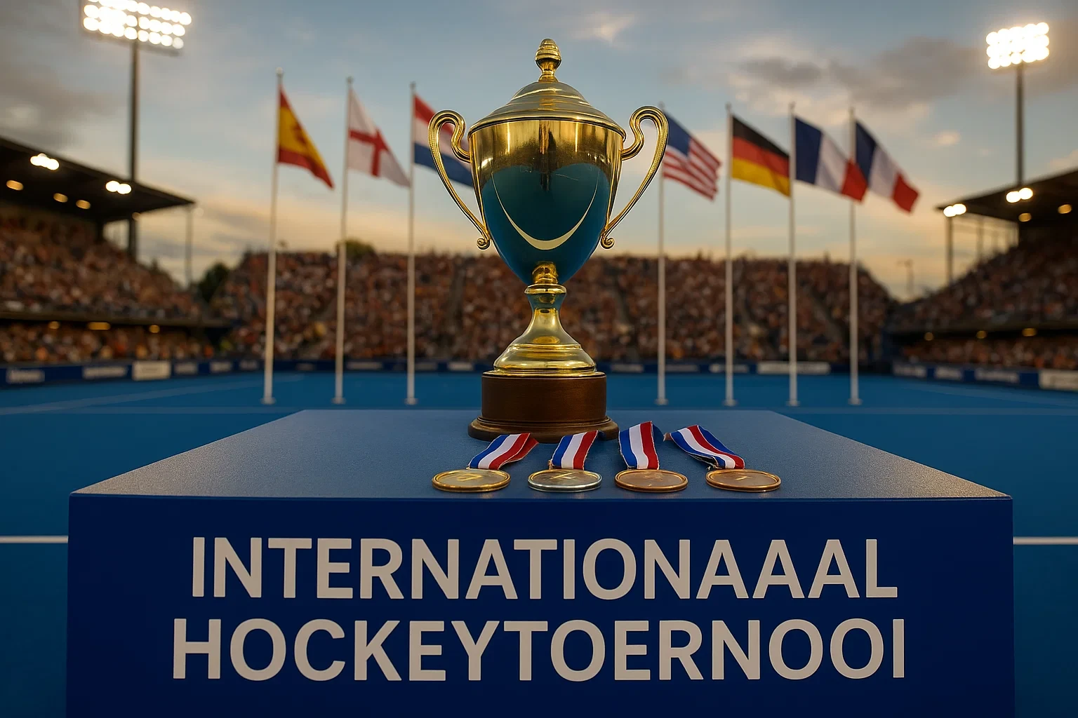 Hockeytoernooi podiumceremonie met trofee en medailles tijdens internationale kampioenschappen