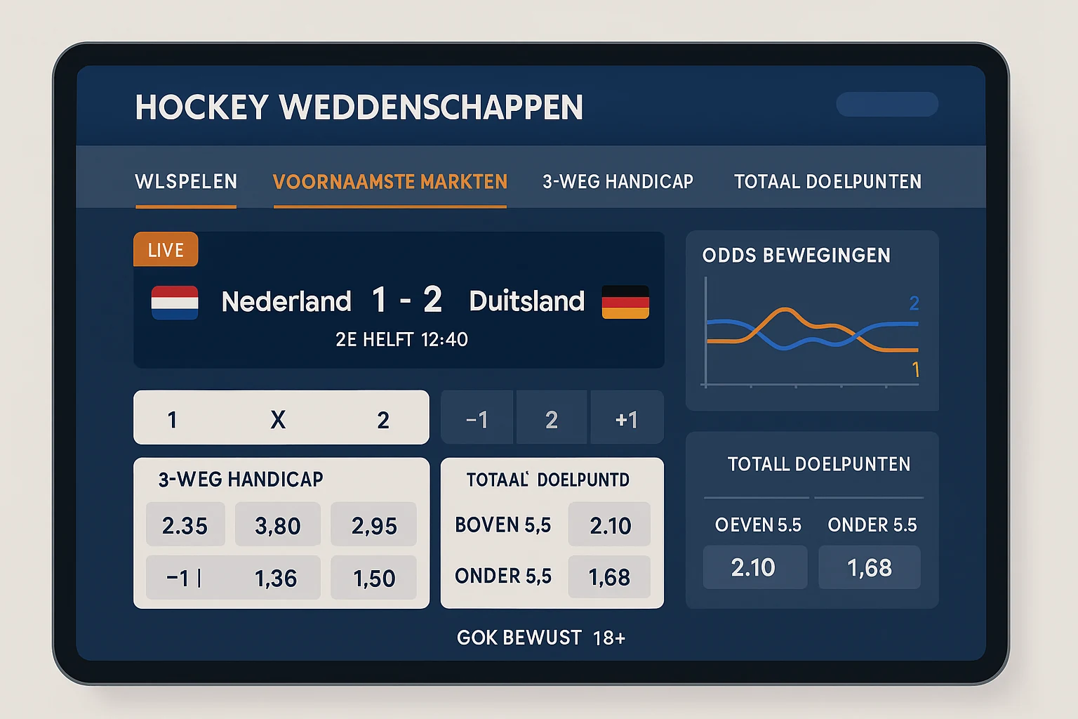 Moderne weddenschapsinterface met hockey odds en markten voor Hoofdklasse wedstrijden