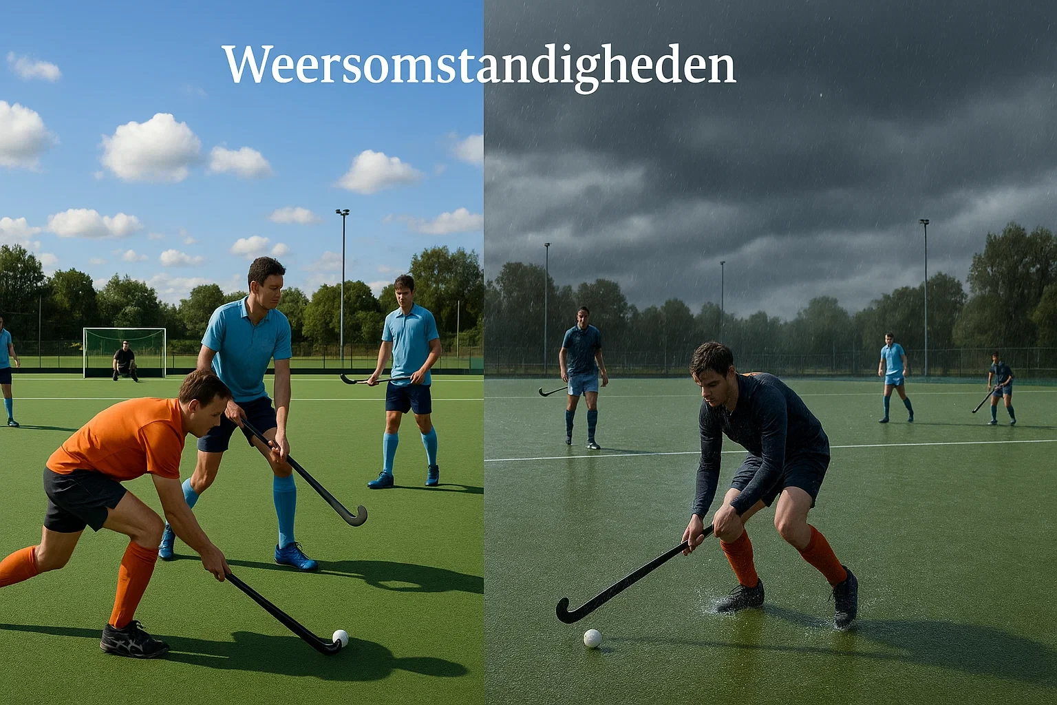 Hockeyveld onder verschillende weersomstandigheden met regen en zon