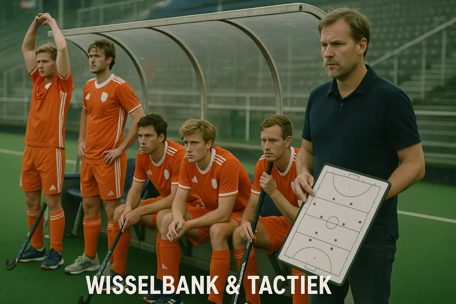 Hockeywisselspelers op de bank klaar om in te vallen tijdens de wedstrijd