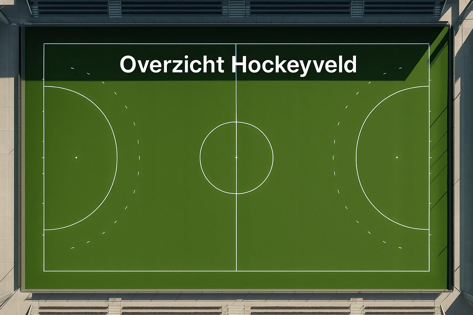 Luchtfoto van een professioneel hockeyveld met duidelijke lijnen, cirkel en doelgebieden