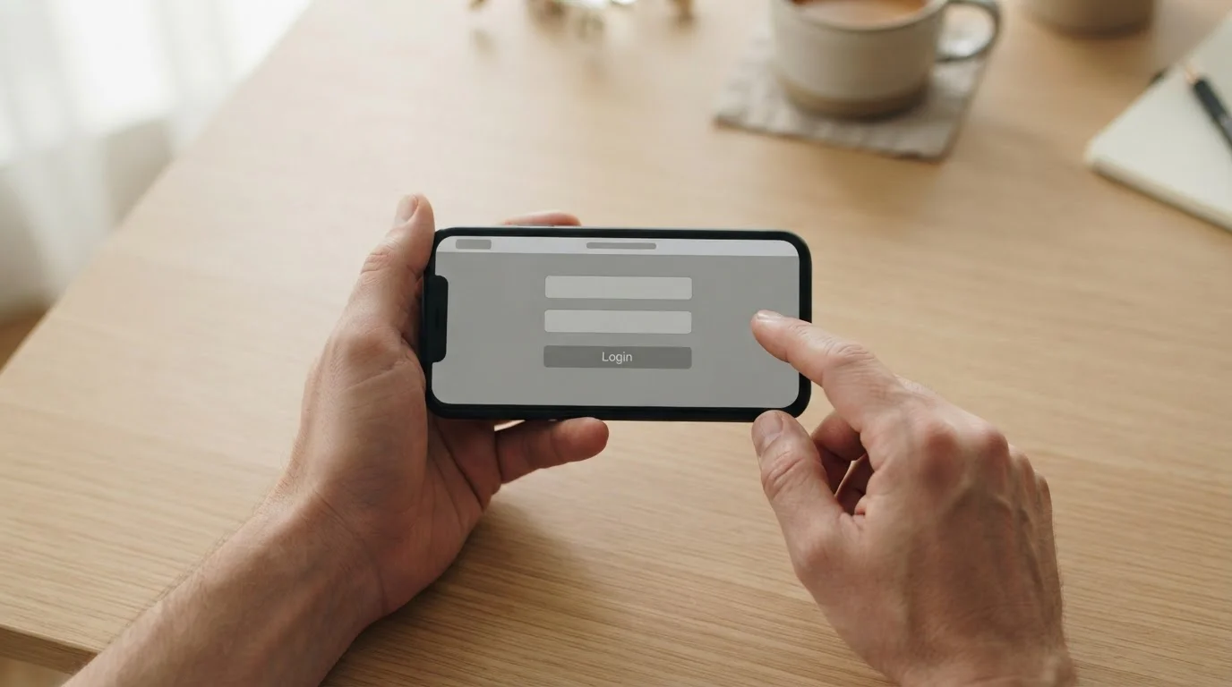 Handen houden een smartphone vast met een neutraal loginscherm