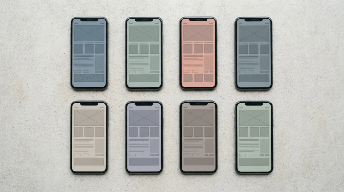 Acht smartphones in een raster met vrijwel identieke lay-outs