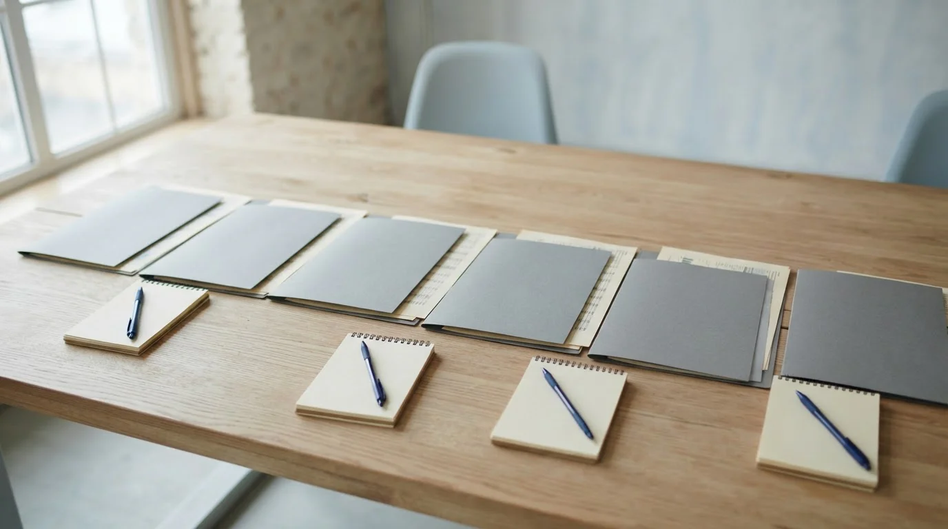 Overzicht van acht neutrale mappen naast elkaar op een tafel als vergelijking