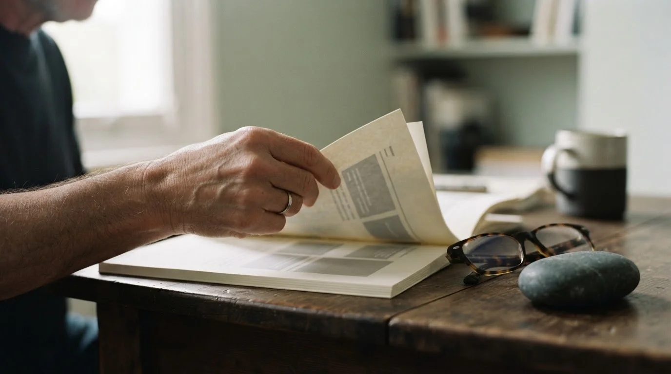 Fragment van een hand die een document met neutrale voorwaarden doorleest bij daglicht