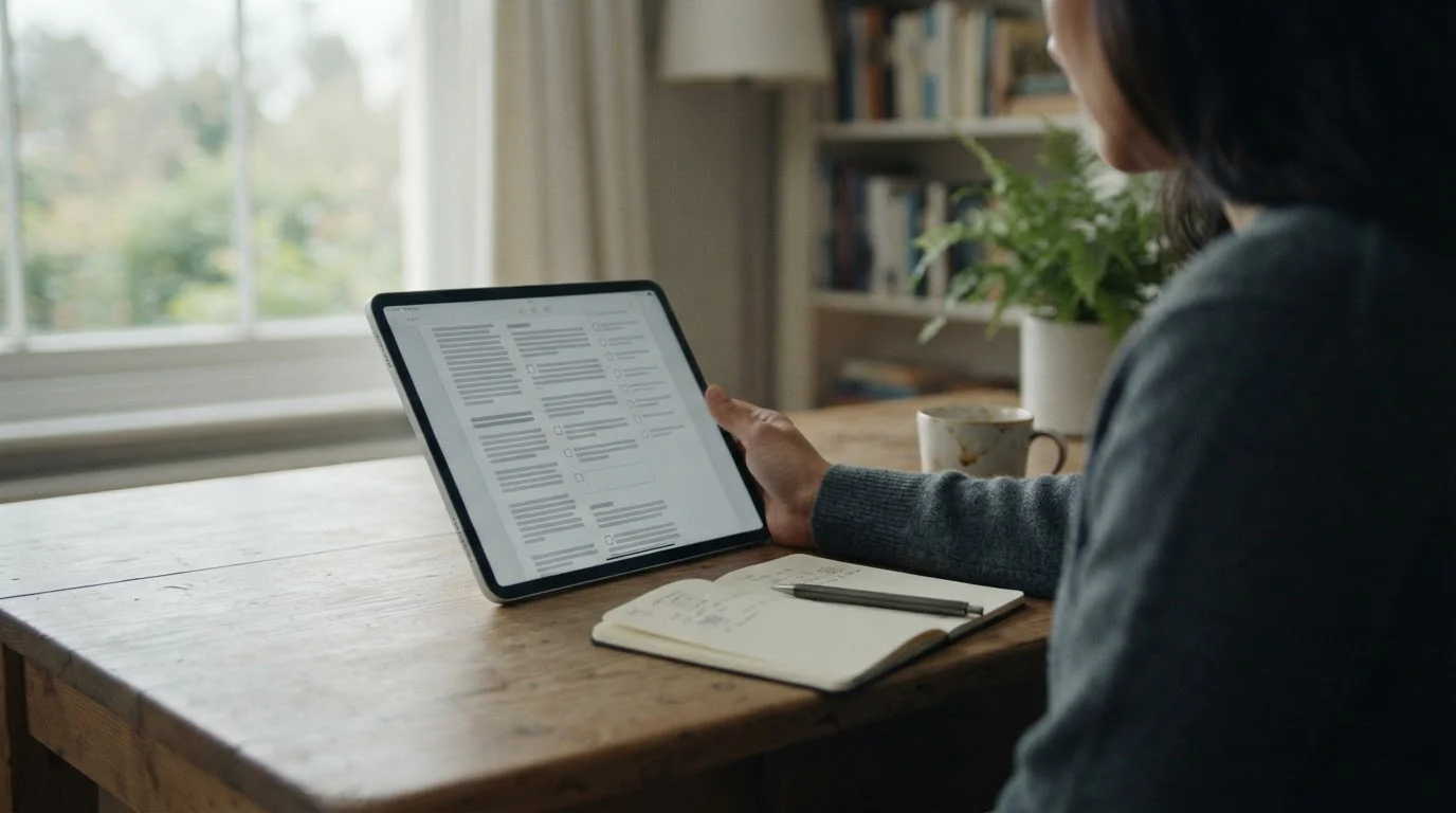 Persoon leest voorwaarden op een tablet aan een rustige tafel