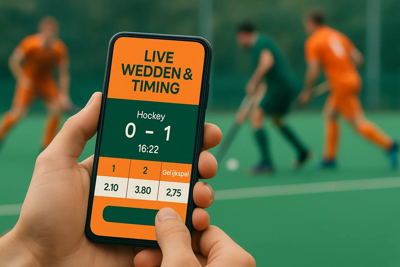 Smartphone met live wedden app en hockeywedstrijd op de achtergrond