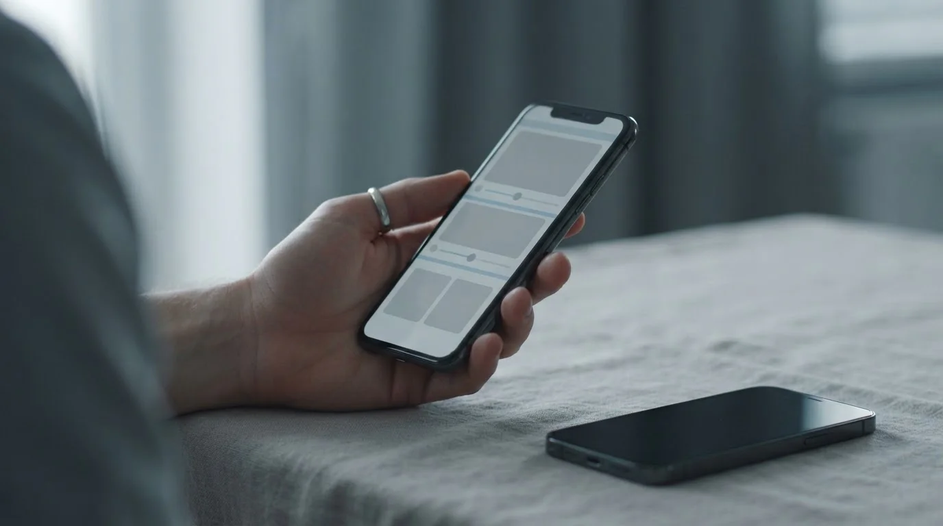 Hand houdt smartphone met neutrale interface tijdens live-analyse
