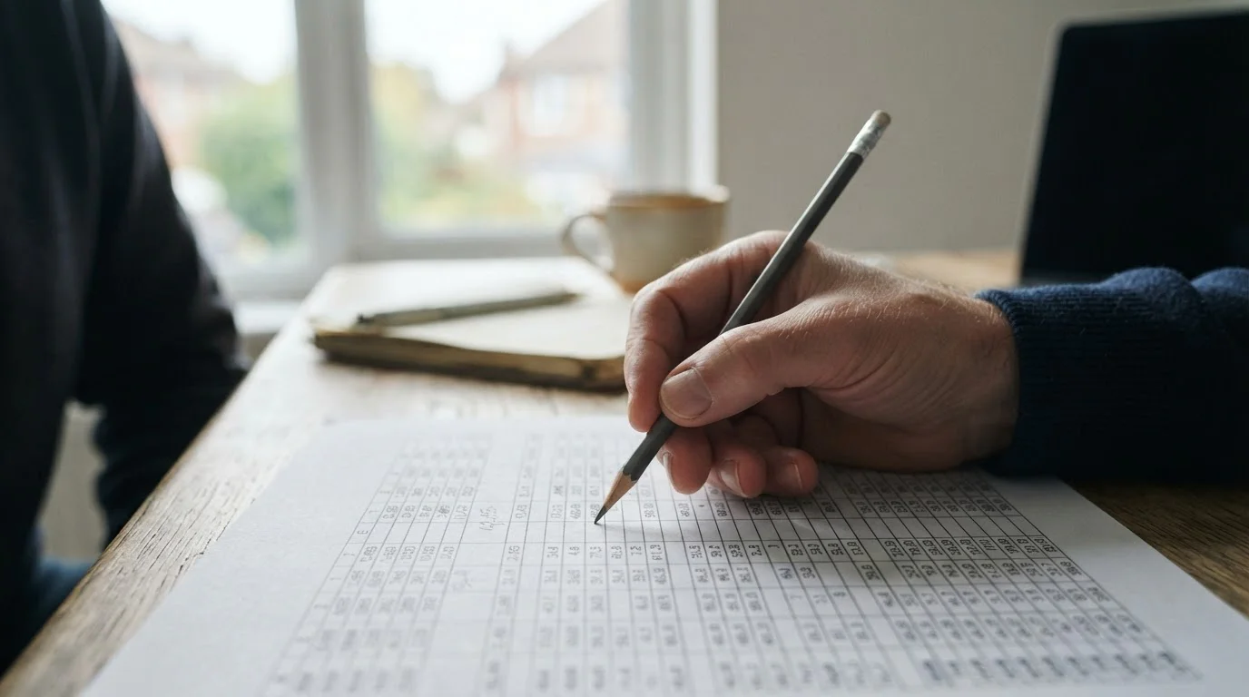 Hand vergelijkt cijfers in een neutrale tabel op papier
