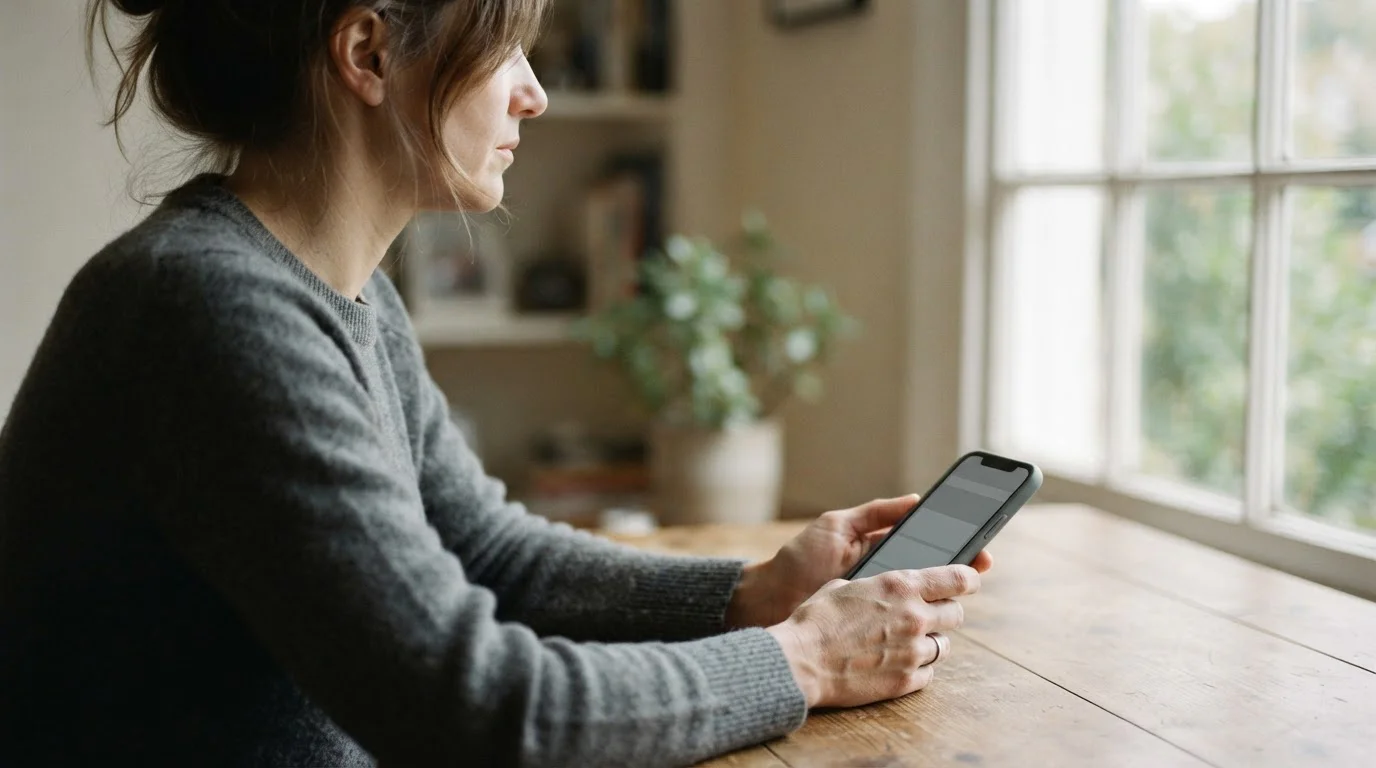 Persoon van opzij die op een telefoon een neutrale app-interface bekijkt