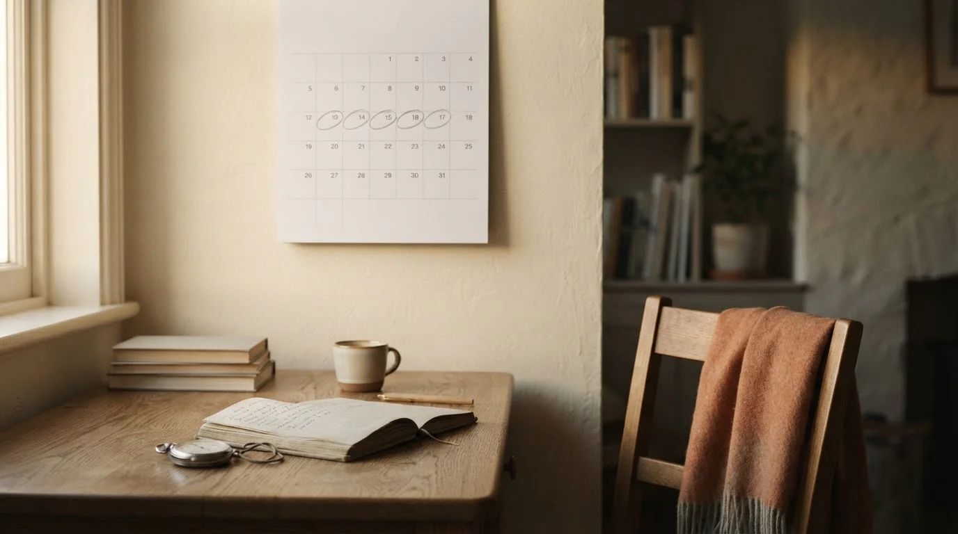 Wandkalender met gemarkeerde speelweken naast een notitieblok op een houten tafel