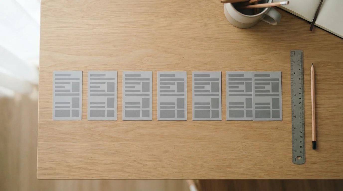 Zeven neutrale kaartjes op een tafel als vergelijking van aanbieders