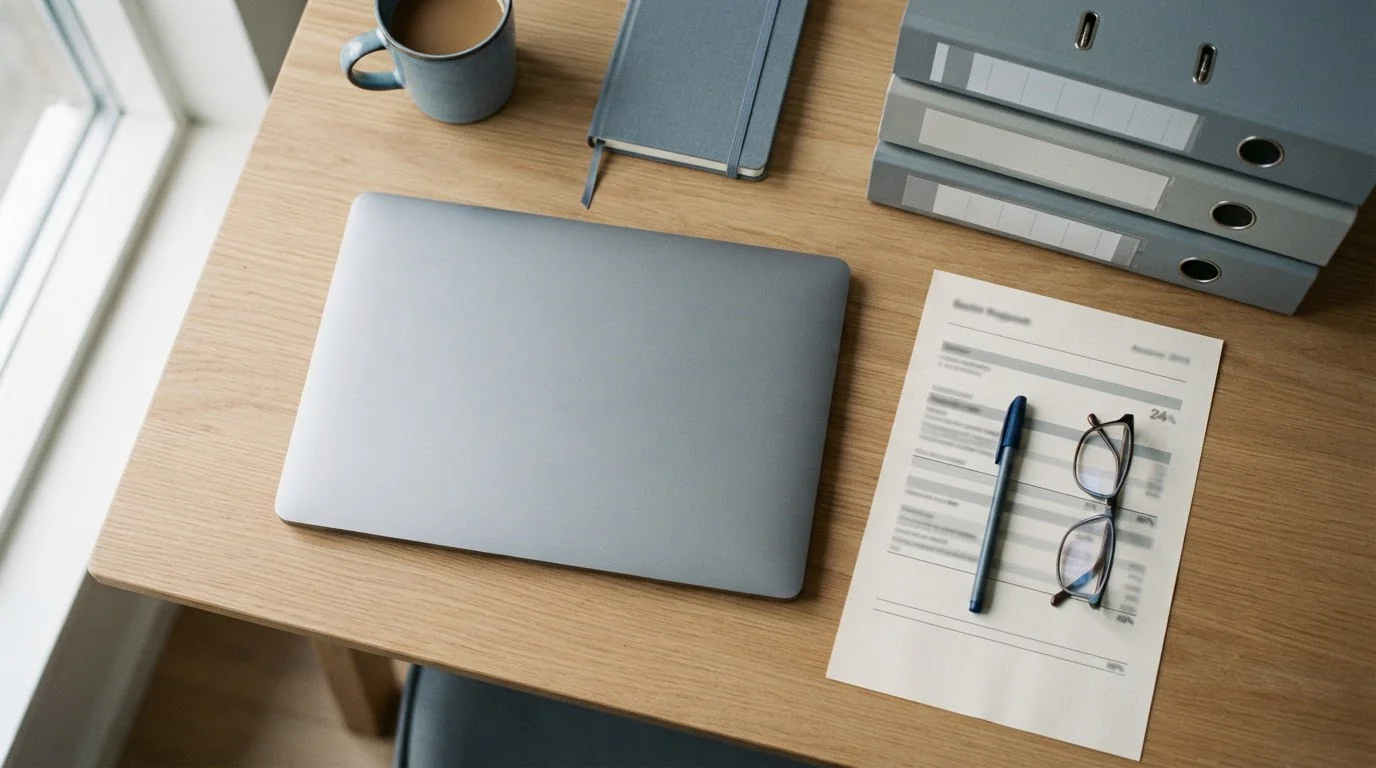 Bureau met ordners en een laptop waarop een neutraal overzicht van regels en tarieven staat