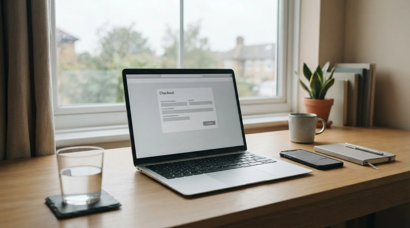 Laptop en telefoon met een neutrale betaalpagina op een licht bureau bij daglicht