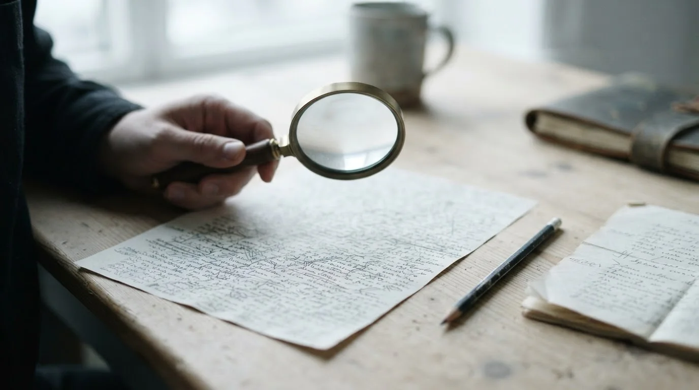 Vergrootglas boven een vel papier met dichte, abstracte regels tekst