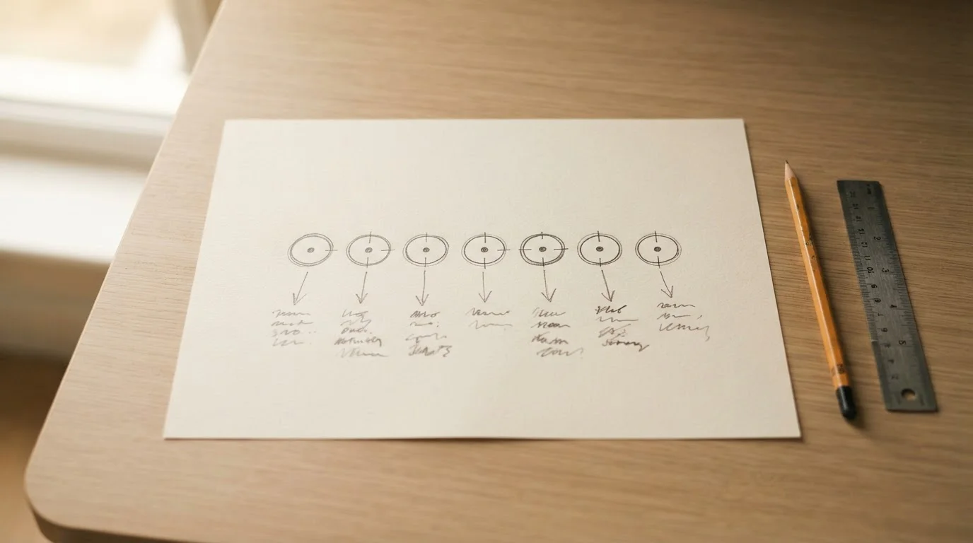 Zeven ronde symbolen op een vel papier die verschillende promotietypen schematisch weergeven