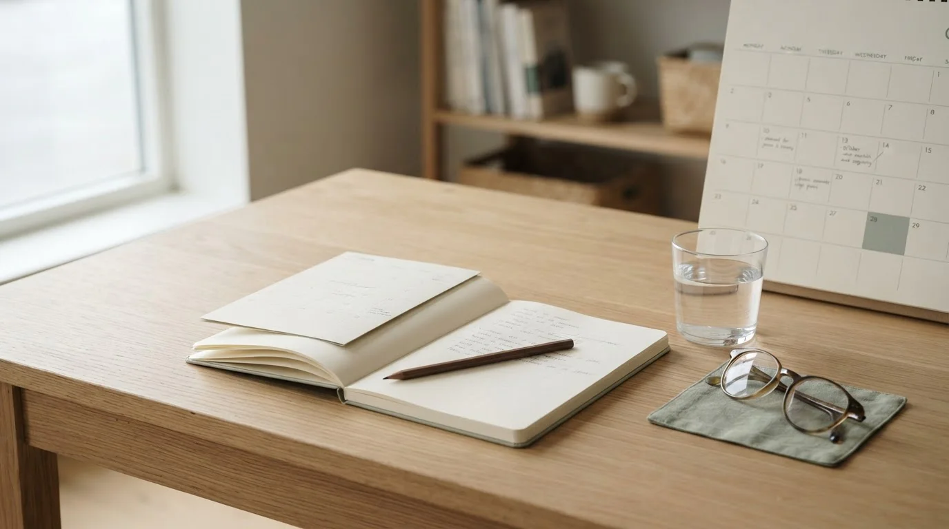 Notitieblok met een pen en een neutrale kalender waarop een maandelijkse limiet wordt genoteerd