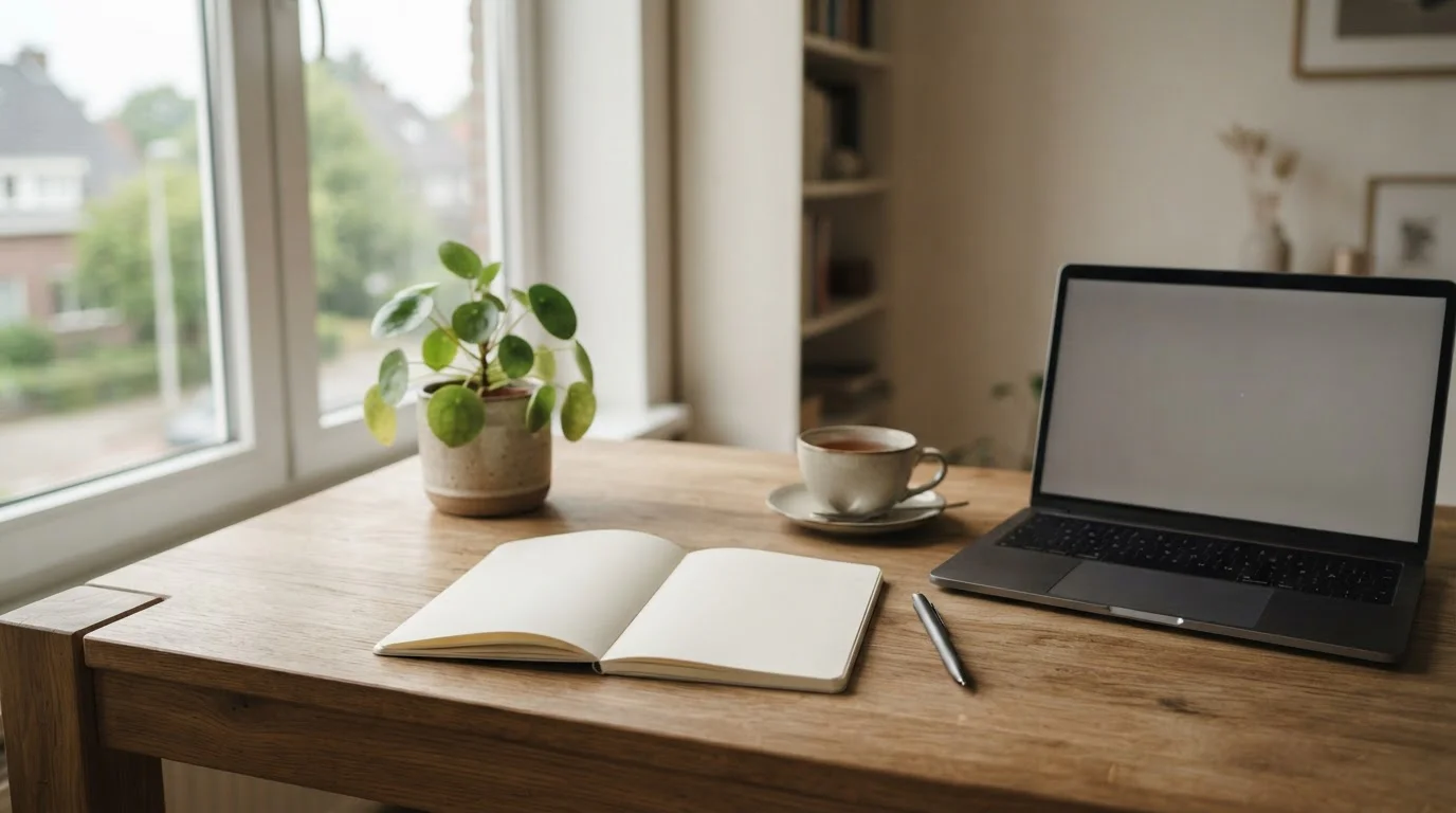 Bureau met notitieboek en laptop bij het analyseren van sportweddenschappen zonder storting