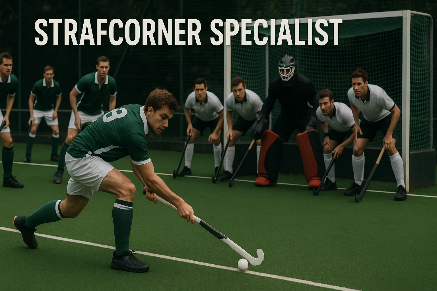 Hockeyteam tijdens strafcorner met specialist klaar om te scoren