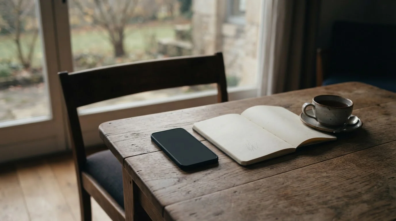 Smartphone met scherm naar beneden naast een geopend notitieboek