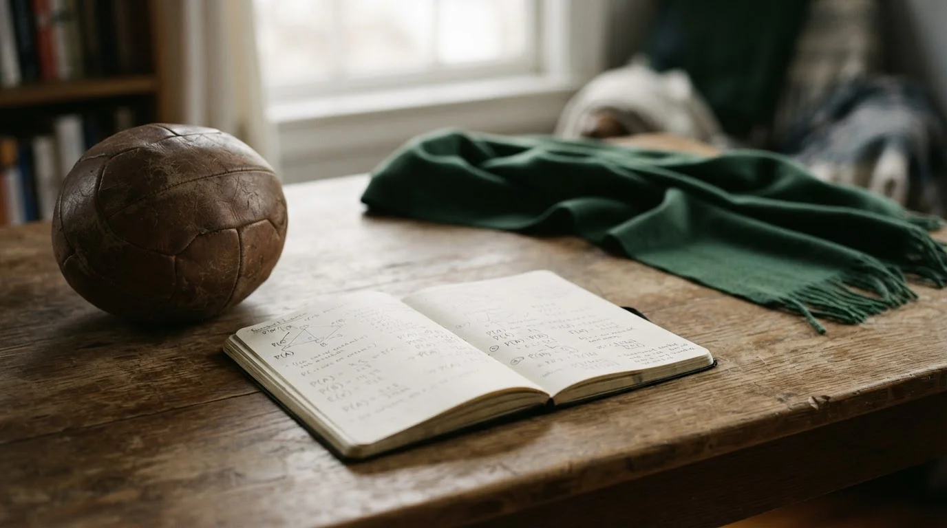 Notitieblok met kansberekeningen naast een voetbal op een houten tafel