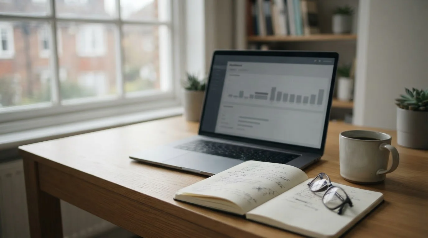 Bureau met laptop en notitieblok voor analyse van sportweddenschappen