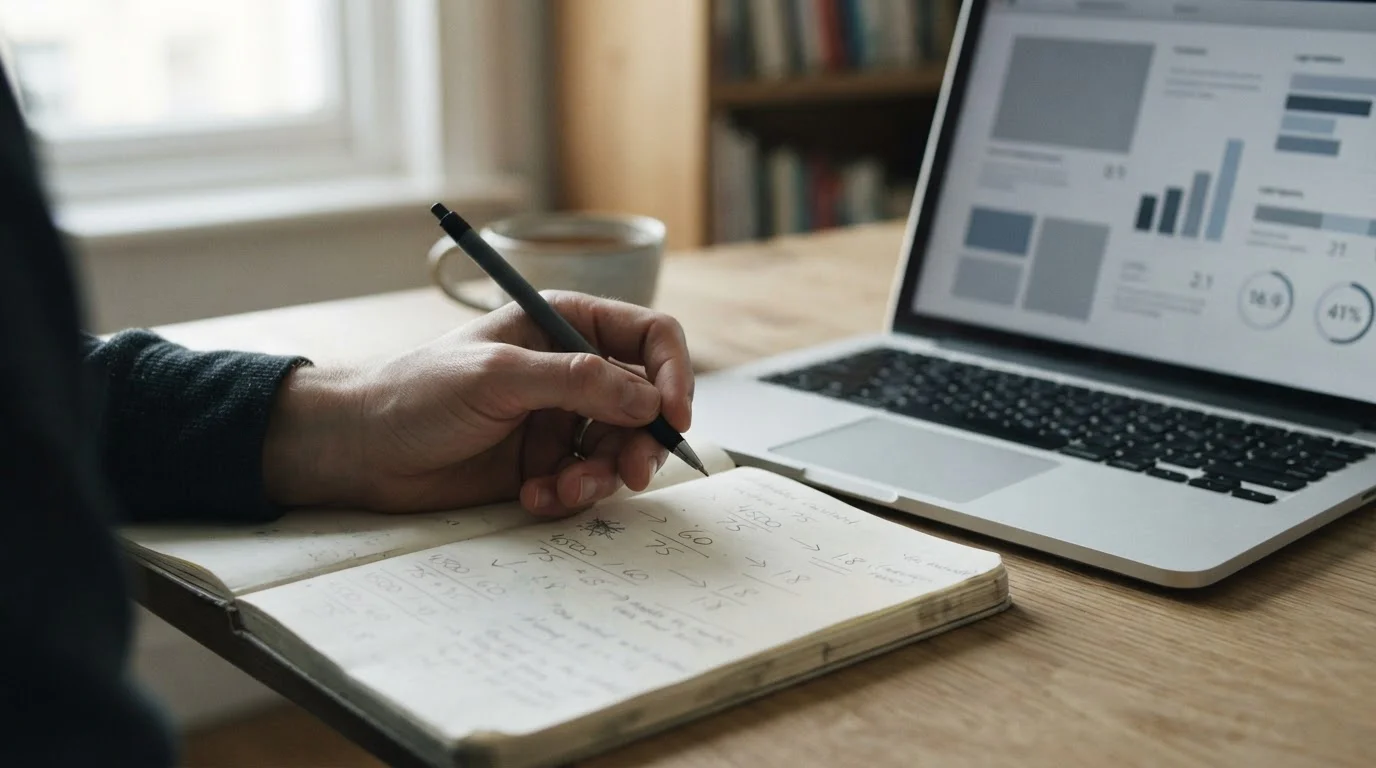Hand met pen die een berekening maakt naast een laptop met neutrale interface