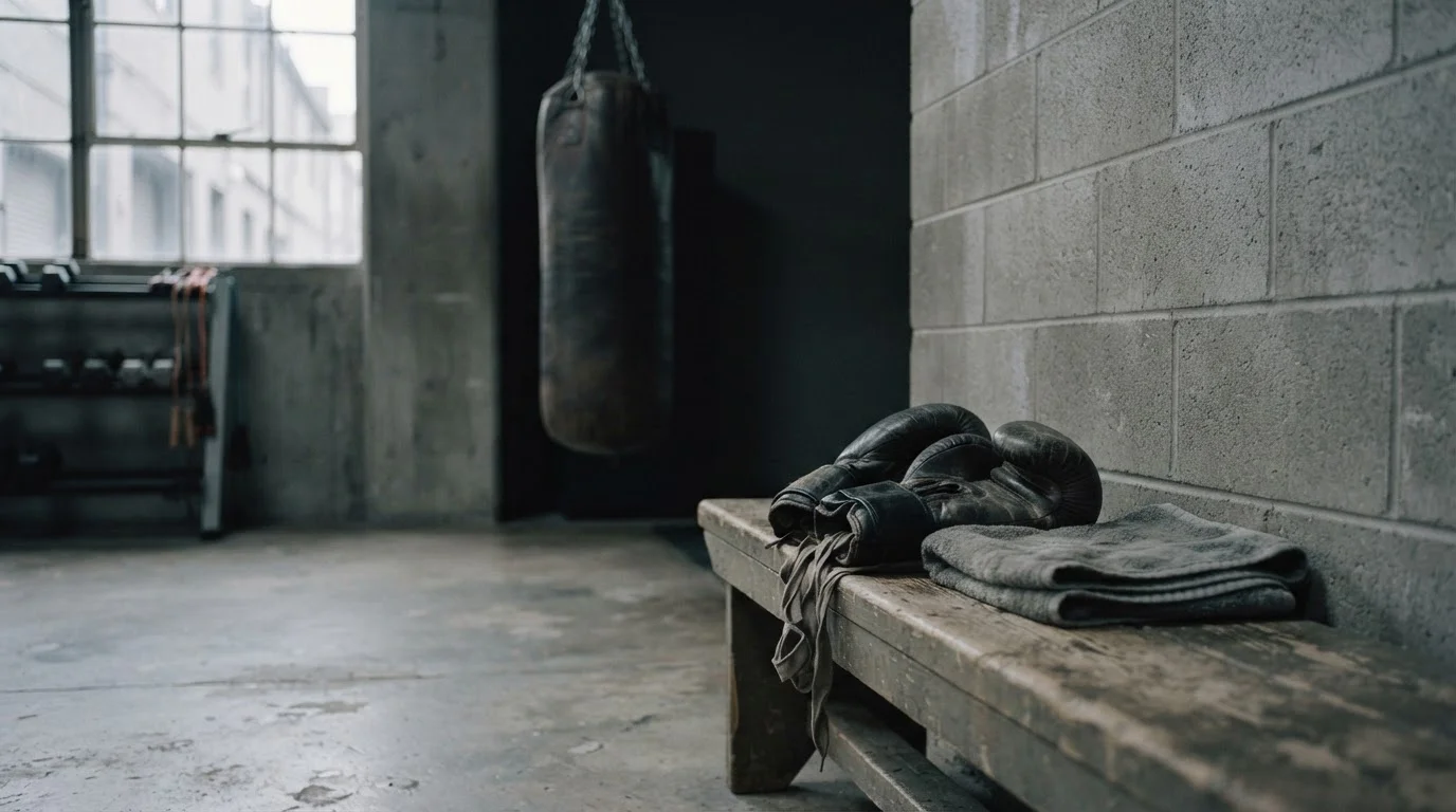 Leeg trainingsgebied met bokshandschoenen op een bank, in gedempt licht