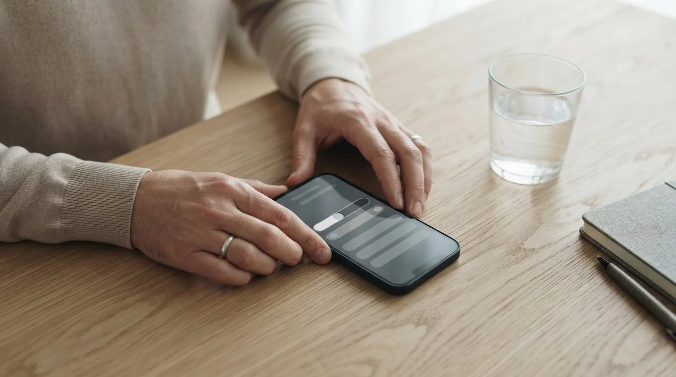Handen bedienen een telefoon met een neutraal instellingenscherm
