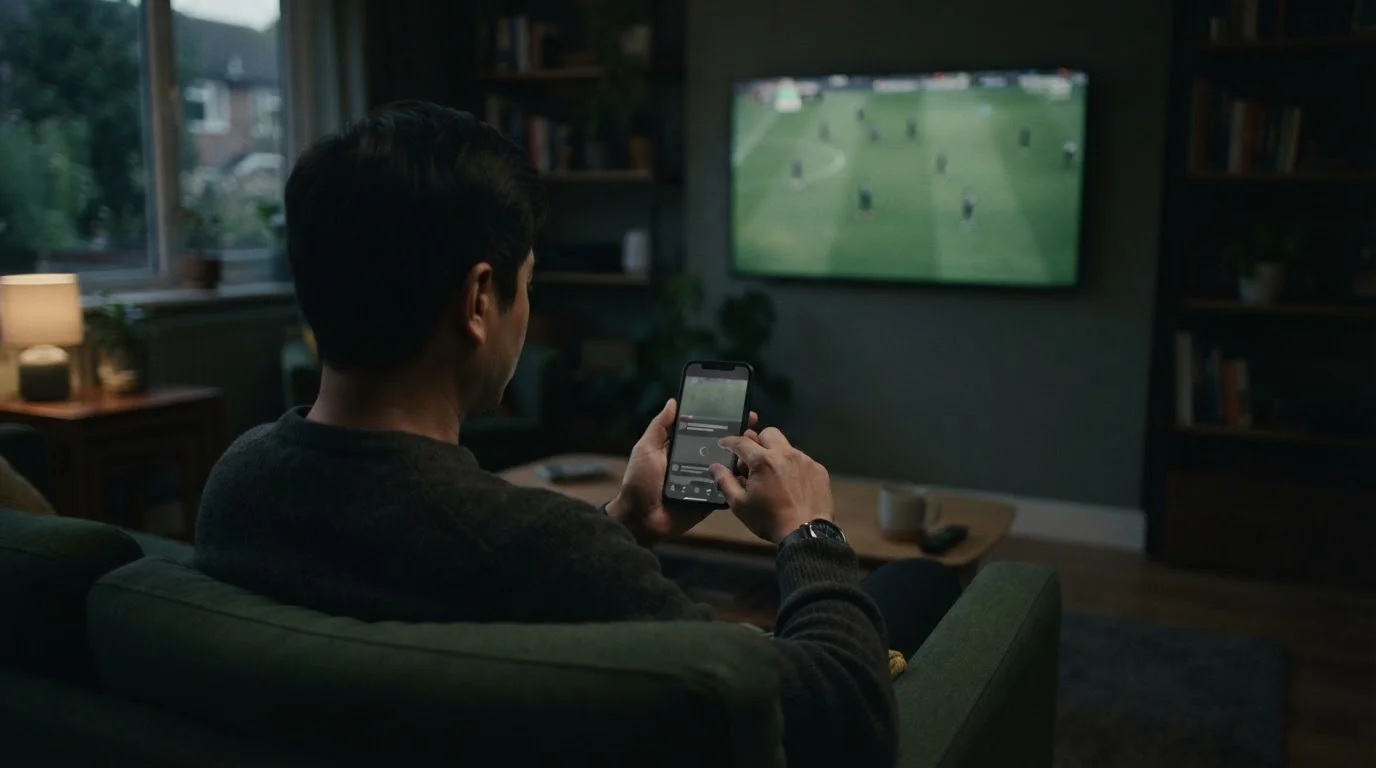 Silhouet van kijker met smartphone en voetbalveld op achtergrondscherm