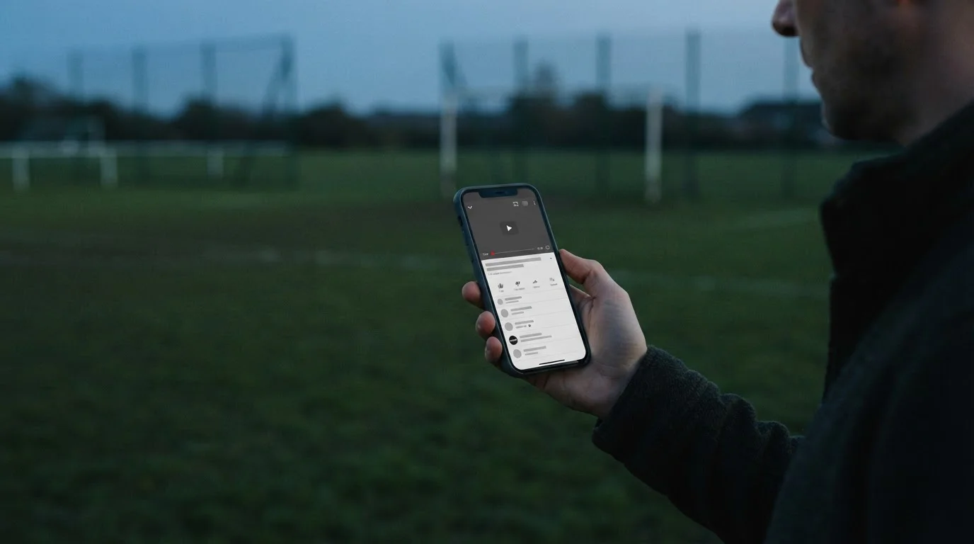 Hand houdt een telefoon vast met een neutraal videoscherm, voetbalveld op de achtergrond