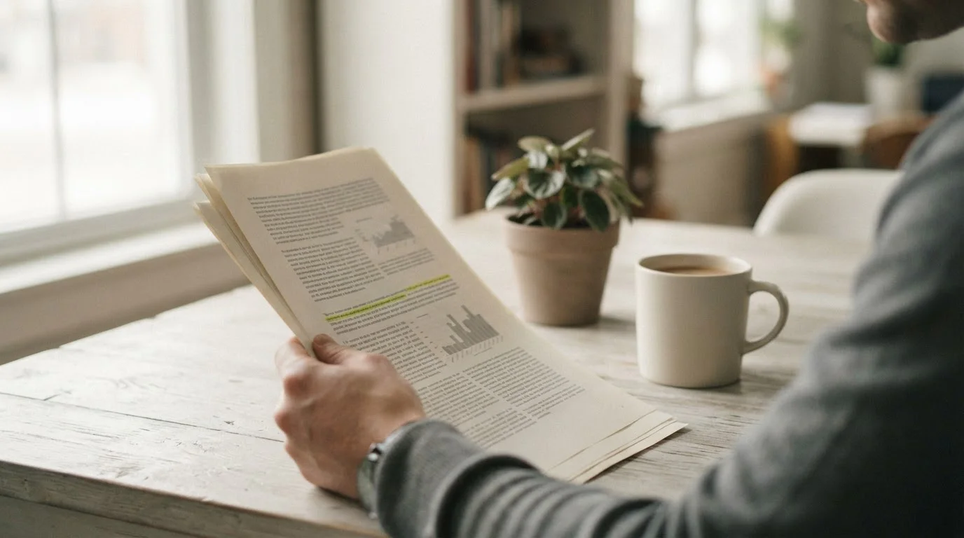 Handen die een document met algemene voorwaarden aandachtig doornemen