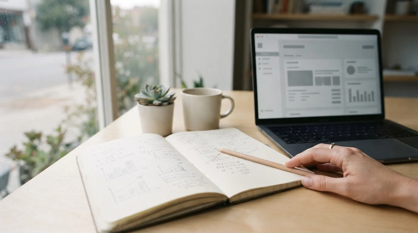 Notitieblok met eenvoudige berekeningen naast een laptop bij daglicht