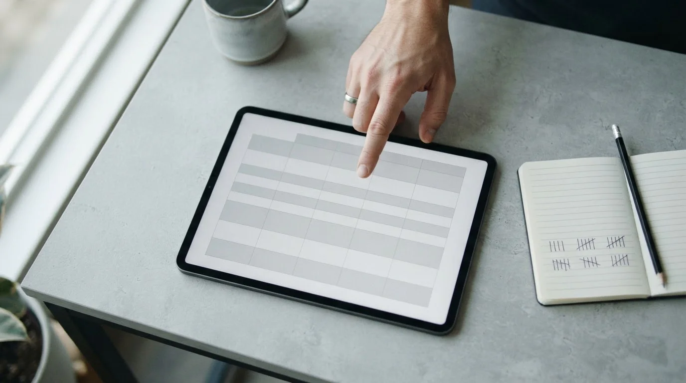 Vergelijkende tabel op een tablet met abstracte rijen en kolommen