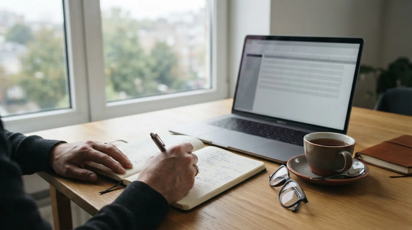 Bureau met notitieblok en laptop waarop voorwaarden van een welkomstbonus worden doorgenomen