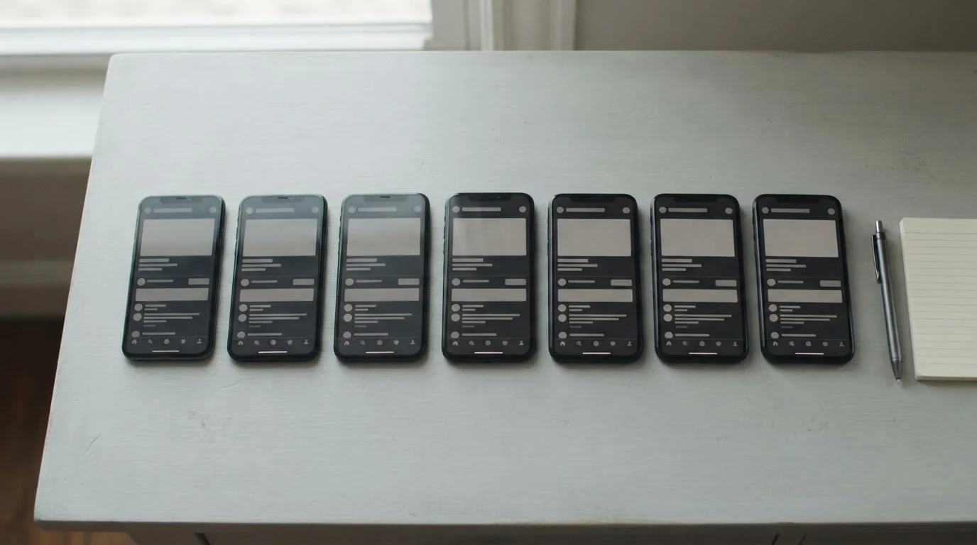 Zeven smartphones naast elkaar op tafel voor een vergelijking