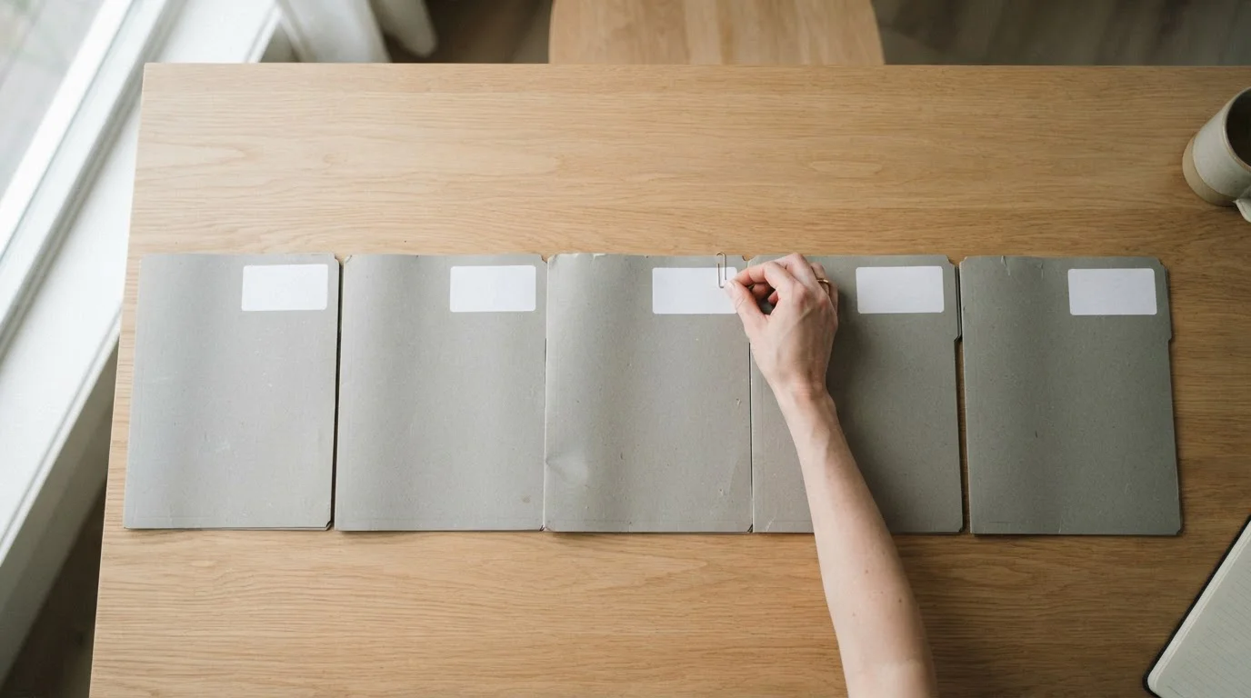 Zeven mappen naast elkaar op een tafel als vergelijking van aanbieders